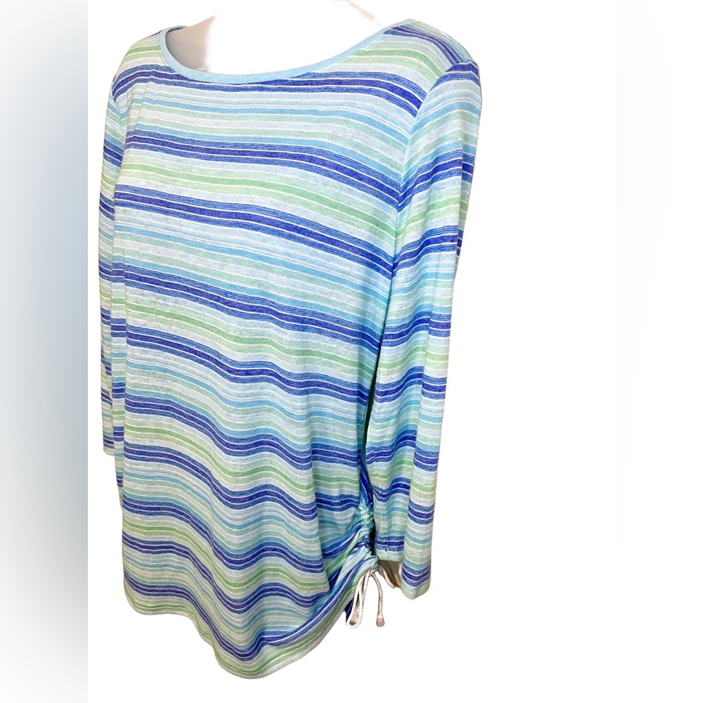Talbots 1X Top Linen Blend Side Tie Ruched Blue White Green Stripe Women